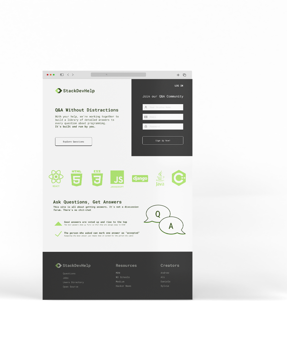 web browser mockup for the StackDevHelp home page